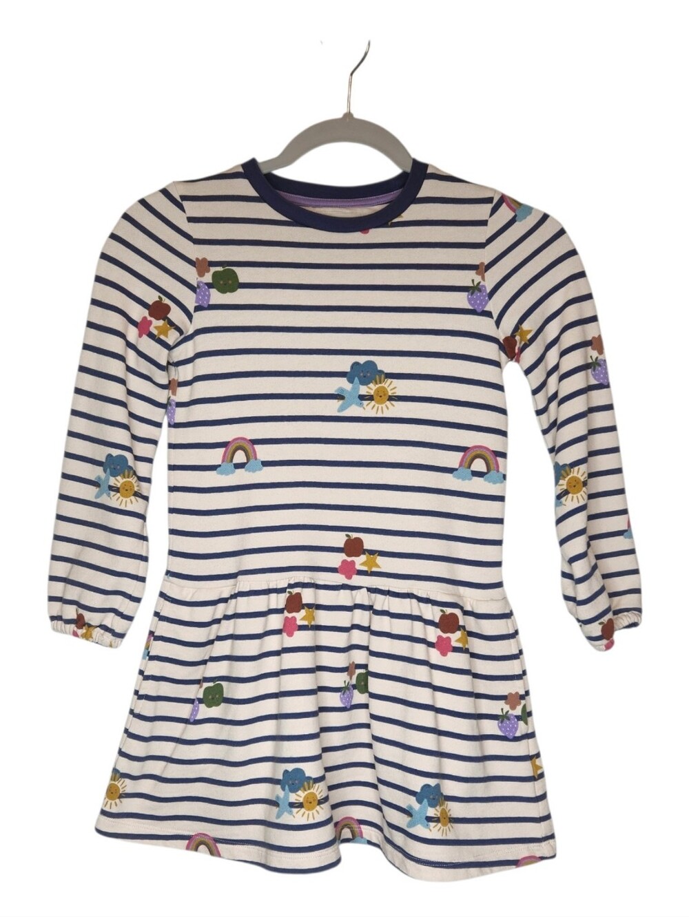 Mini Boden Striped Rainbow Sun and Clouds Long Sleeve Dress 7-8 Years
